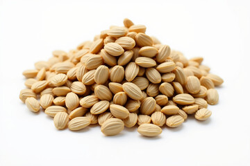 A bountiful pile of pale golden seeds, promising new life and vibrant growth against a stark white background.