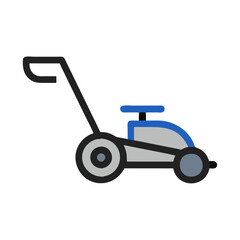 Modern blue and gray lawnmower icon on black background