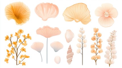 Peach-toned floral and shell elements; design resource