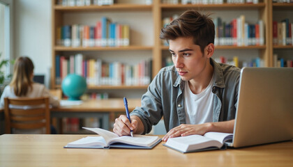 Young student studying and writing notes in a library  