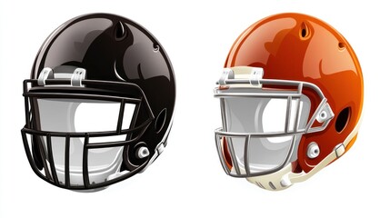 Fototapeta premium Two football helmets, black and orange, on white background; sports graphic