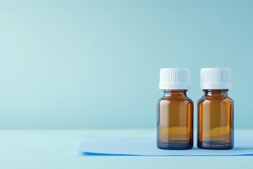 Two amber glass bottles with white caps on a light blue surface.