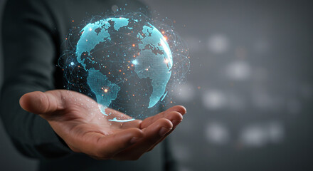 Global network connection digital earth held in hand futuristic technology glowing blue dark