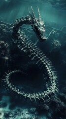 A skeletal sea dragon rests amidst underwater wreckage.