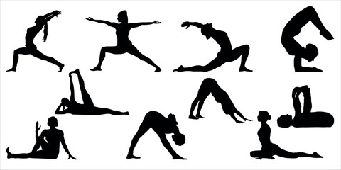 Silhouettes of Women in Yoga Poses, Collection Isolated on White Background