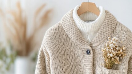Beige knitted cardigan with white turtleneck, delicate flower accents