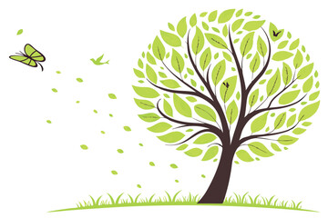 25 Stylized tree illustration, vibrant green foliage, lush canopy, round treetop, cartoon-like, simplified trunk, white background, spring or summer season, digital art, vector graphic style, bright a