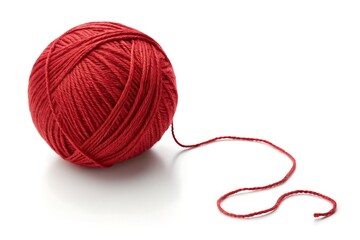 Vivid Red Yarn Ball CloseUp Wool Texture, Bright Scarlet, Isolated on White Backdrop