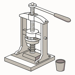 A vector illustration shows a vintage metal cash register, a grinder tool, and a modern home kitchen design