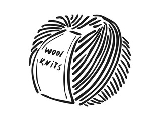 Ball of wool yarn. Black and white hand-drawn vector illustration. Knitting and yarn craft supplies concept for design and print