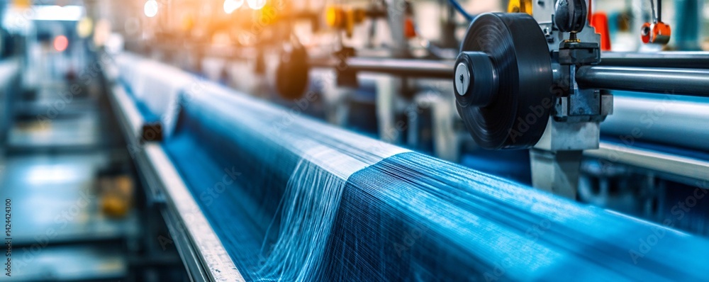 Poster industrial weaving machine is creating blue textile in a factory