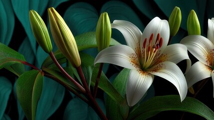 Obraz premium Peaceful white lilies blooming against dark background
