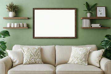 A cozy living room with a beige sofa, a blank picture frame, and green walls creating a peaceful ambiance