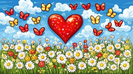 Cartoon heart in a meadow with butterflies, idyllic summer scene