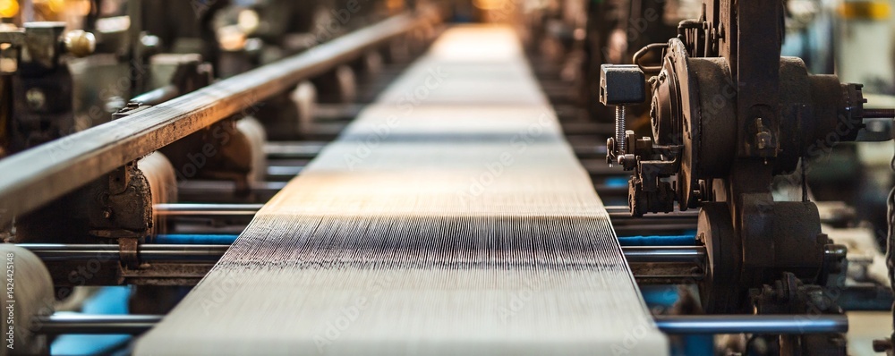 Poster textile manufacturing machine weaving threads in a factory
