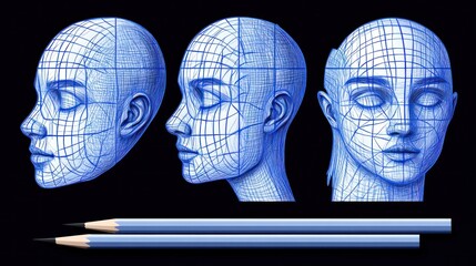 3D anatomical female head profiles, grid overlay, drawing tools
