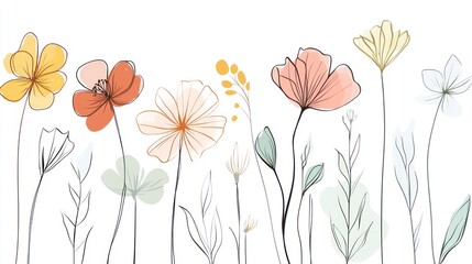 Watercolor line art flowers blooming on white background for design element
