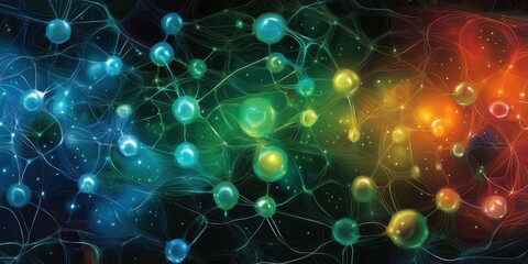 AI-powered neural vision. Abstract representation of interconnected molecules with vibrant colors on a dark background.