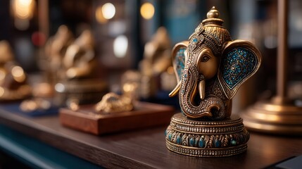 Serene Indian Ganesha figurine displayed in craft shop