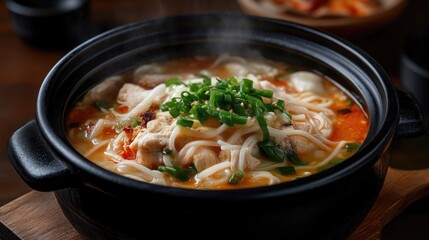 Hearty, steaming hot noodle soup in a dark pot.  A rich, flavorful broth, with tender chicken and noodles, garnished with fresh green onions