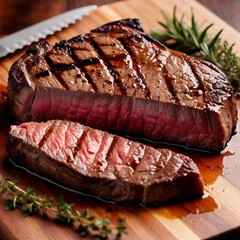 Juicy grilled steak on wooden cutting board, delicious texture, savory, with herbs, copy space
