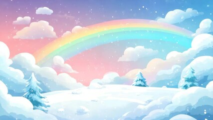 Colorful Rainbow Over Snowy Landscape with Gentle Clouds and Trees - Powered by Adobe