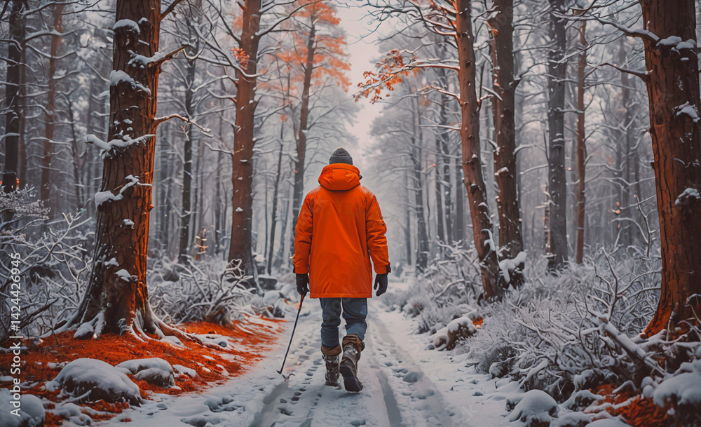Poster man in an orange coat walks through a snowy forest. the man is carrying a cane and he is enjoying th