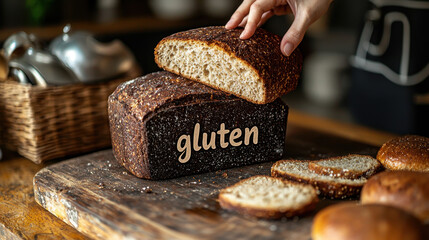 Breaking bread with gluten in a minimalistic kitchen setting highlights gluten-free diets and healthy choices
