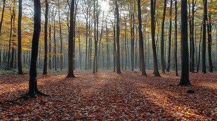 Fototapeta premium Autumnal forest scene with sunlight filtering through trees