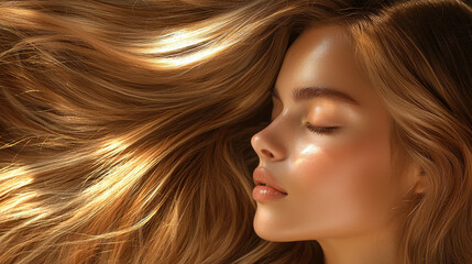 Obraz premium Model showcases freshly dyed hair in natural tones, highlighting smooth texture and healthy shine in soft lighting