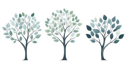 Three stylized trees, various greens, white background, nature illustration, website design