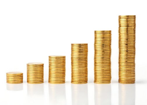 Ascending Gold Coin Stacks on White Increasing Height, Financial Progress, Savings
