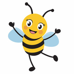 A cartoon bee with a happy face and arms with one foot in the air and one leg in the air 