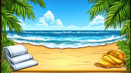 Fototapeta premium Tropical beach scene with towels, ocean, and palm trees. Possible use vacation brochure