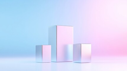 Fototapeta premium Three metallic rectangular podiums on a soft pastel blue and pink gradient background for product presentation.
