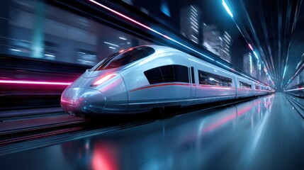 Fototapeta premium Futuristic train speeds through neon-lit city tunnel