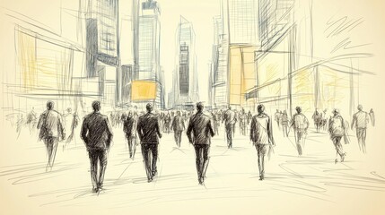 Obraz premium Sketched City Street Crowd Business People