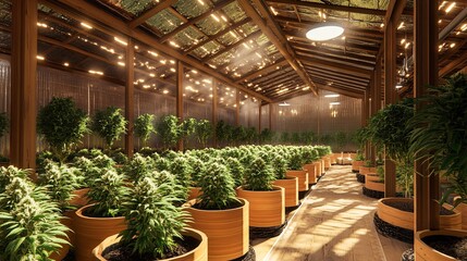 Rows of cannabis plants growing in a greenhouse