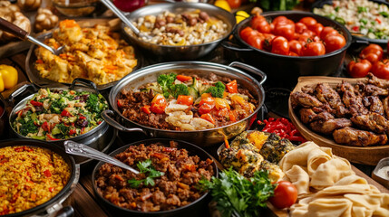 Fototapeta premium Close-up of different international foods being cooked side by side in a fusion kitchen