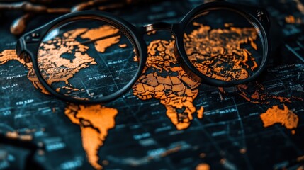 World map through eyeglasses, travel concept
