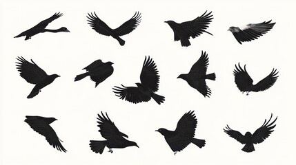 Obraz premium Crows in flight, various poses, white background, nature imagery, graphic design