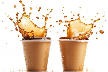 Dynamic Coffee Splash from Two Cups with Lids
