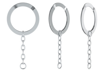 Split Keyrings with Chain Keychain Ring, Silver colors, different views. 3D rendering  isolated on transparent background