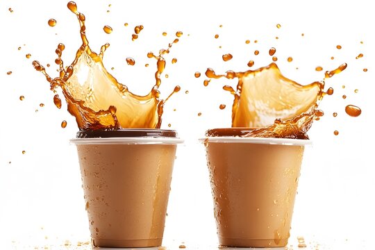Dynamic Coffee Splash from Two Cups with Lids