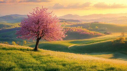 Fototapeta premium Spring sunset, blossoming cherry tree, hills, idyllic landscape, nature, tranquility, beautiful scene, perfect for wallpapers or greeting cards