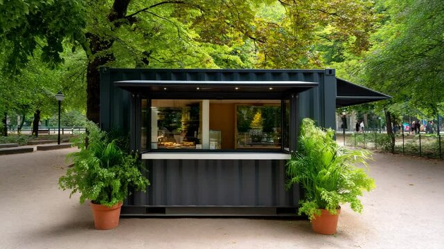Modern Food Kiosk in Park Surrounded by Greenery, Offering Cozy Atmosphere for Snacks and Beverages in Shipping Container
