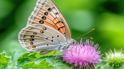 Close-up butterfly feeding on thistle flower in garden