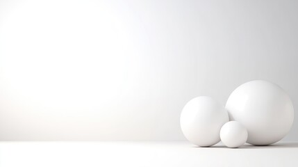 White Spheres Minimalist Composition, Soft Light Rendering, Wide Angle Shot, Smooth Surfaces, Static Display, White Studio Background, Clean Modern Aesthetic, Ideal for Website Design