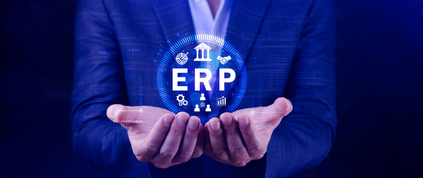 ERP Concept, Enterprise resource planning concept, analyzing ERP system on virtual screen, Connections between business intelligence, HR and CRM modules.