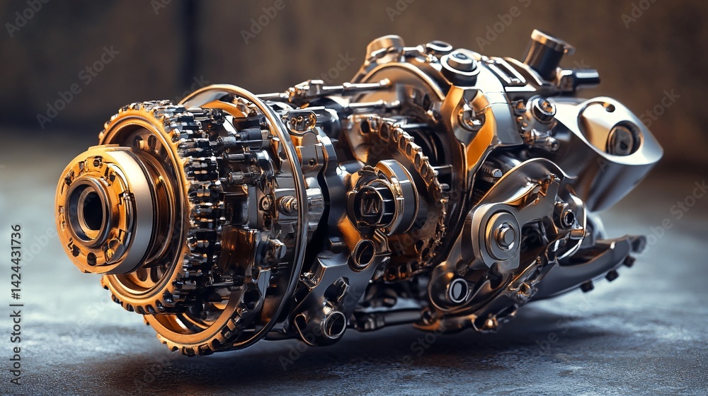 Aufkleber complex gearbox with interlocking gears standing on metal surface